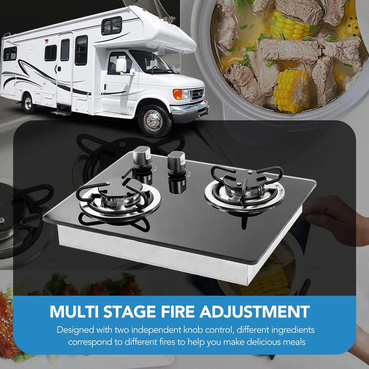 Fornello a Gas per Camper, Pannello in Vetro Temperato a 2 Fuochi da 1,8 KW, Piano Cottura a Gas da Cucina, Regolazione della Potenza di Fuoco a più Livelli per Barca, Roulotte,