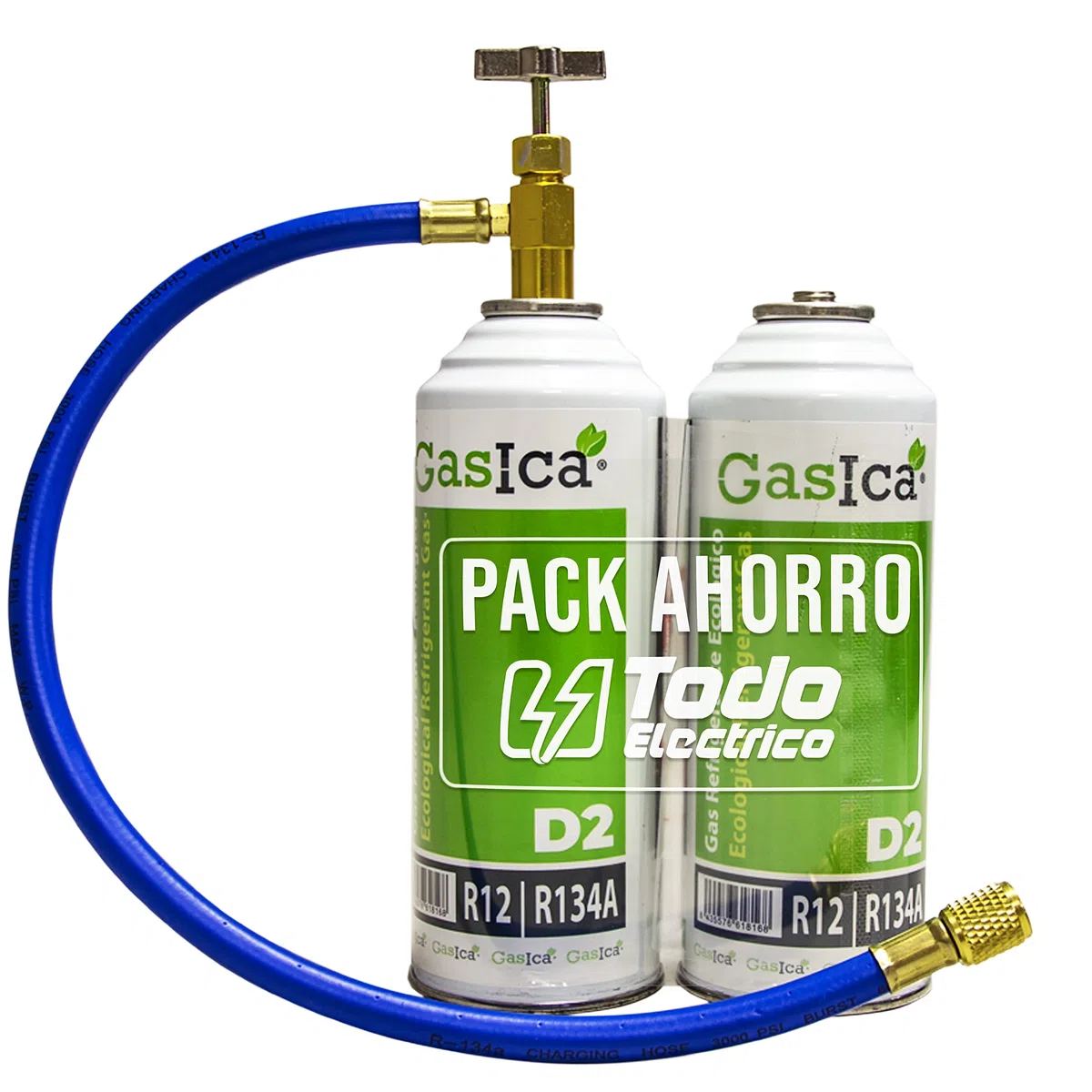 Confezione risparmio GASICA D2 (2 bottiglie da 226 Gr) Gas Refrigerante Ecologico Benzica D2 sostituto R12, R134A più tubo con chiave ricarica Gas