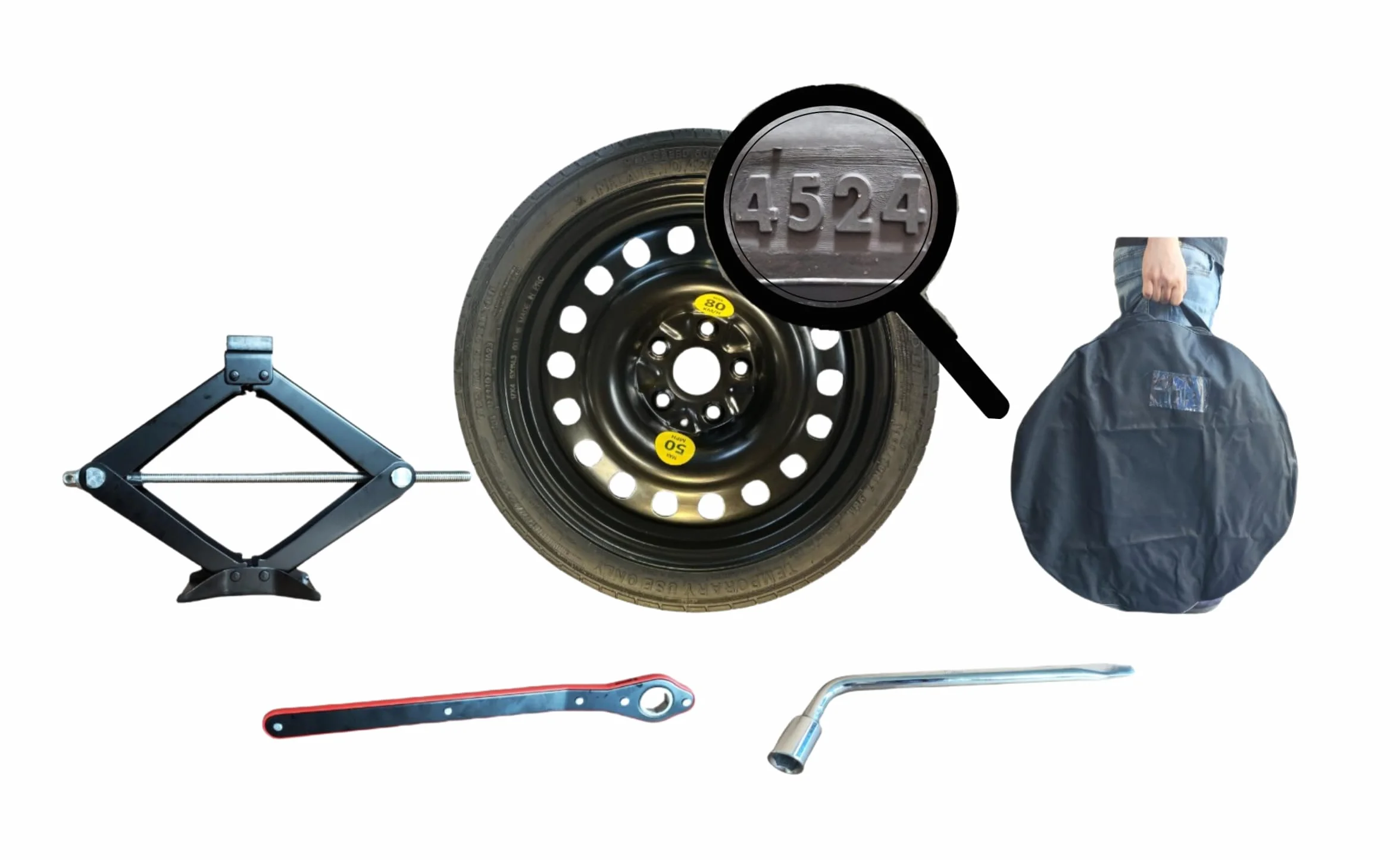 Kit Ruotino di Scorta 16" compatibile con Hyundai Kona Hybrid da 2023 con Cric, Chiave, Guanti e Sacca 145/90R16