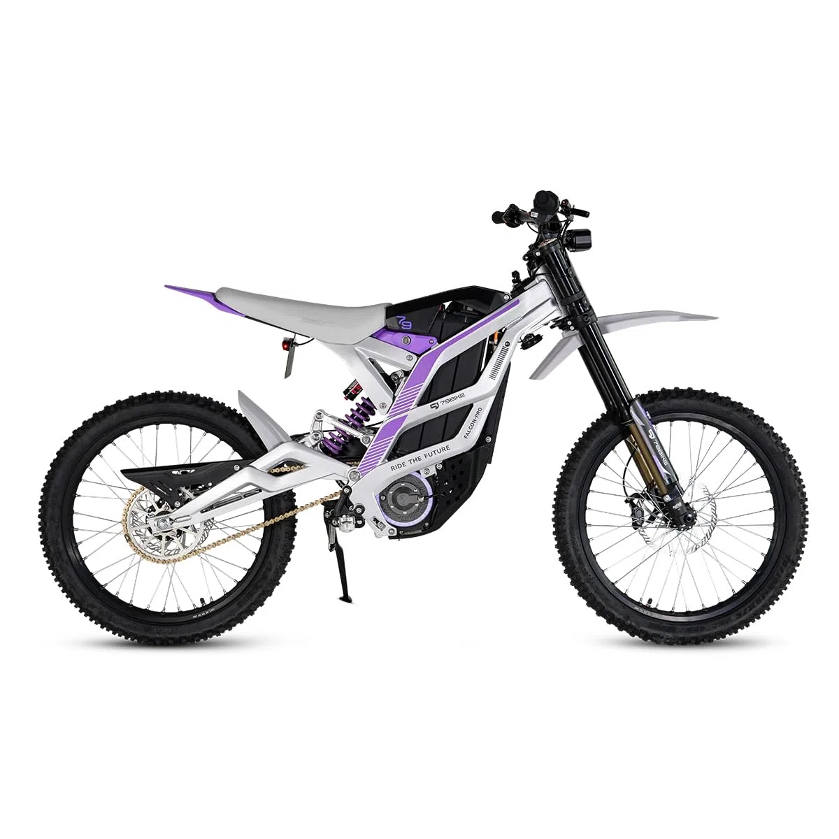 79Bike Falcon Pro Dirt Bike elettrica per adulti, motocicletta elettrica da 19 pollici con batteria al litio da 72 V 35 Ah, autonomia di 125 km, motore 10 kW, bici elettrica da 410 Nm (argento viola)
