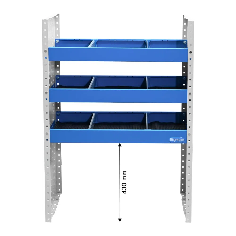 Syncro System Kit scaffalatura furgone Berlingo Partner Kangoo Ducato Boxer Jumper Transit Sprinter – 3 ripiani divisori alluminio antina vano passa-ruota 76x108x31 cm