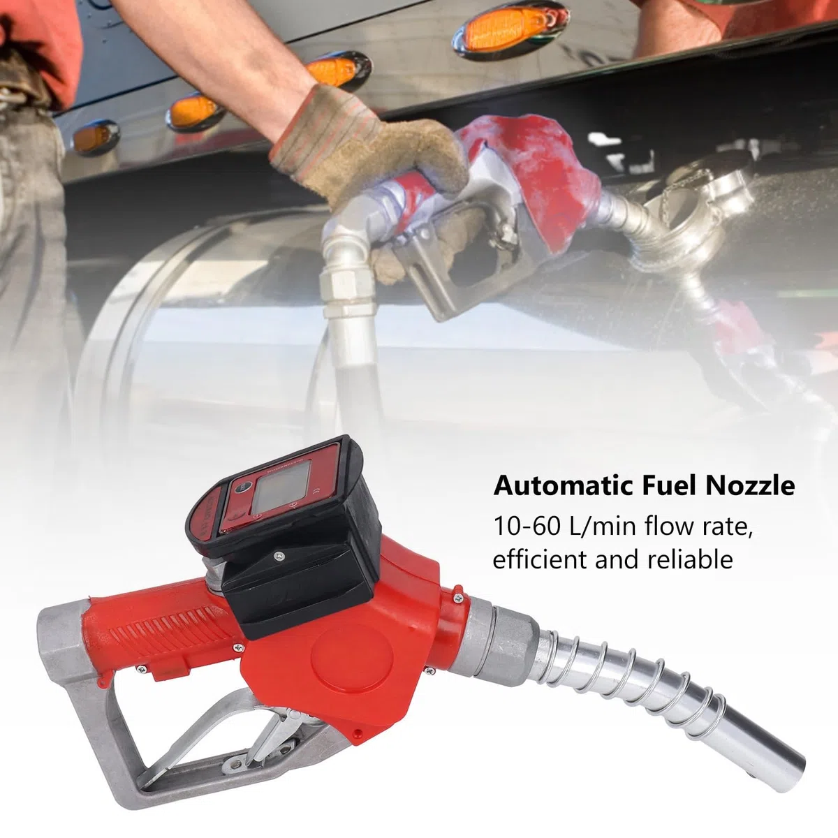 Pistola per Erogazione Carburante Automatica 1 Pollice BSP con Contatore Digitale Lega di Alluminio Ugello con Arresto Automatico per Benzina Cherosene 10-60L/min Blocco a 3 Posizioni