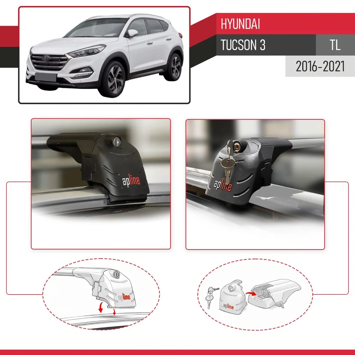 Compatibile con Hyundai Tucson 3 (TL) 2016-2021 Modello ACE-2 Barre Tetto Portapacchi Auto Barre Portatutto Grigio Alluminio 2 Barre
