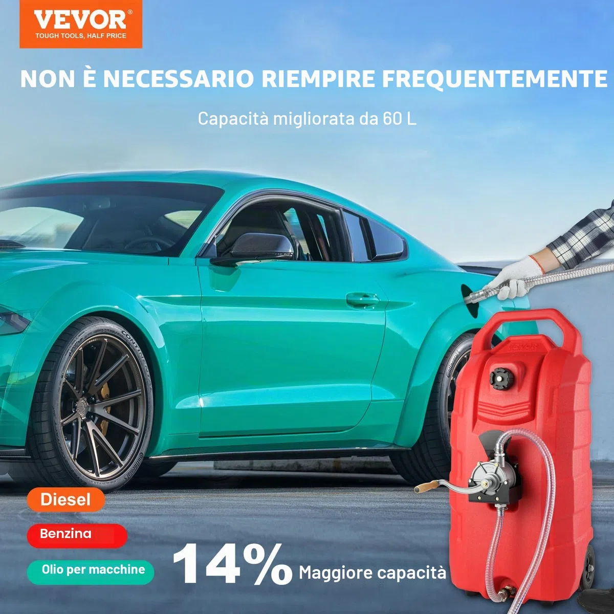 VEVOR Contenitore per Carburante 16 Galloni, 7,8 L/min, Contenitore per Serbatoio Portatile con Ruote in Gomma per Pompa Manuale Trasferimento Carburante per Benzina Diesel Auto Barca Tosaerba