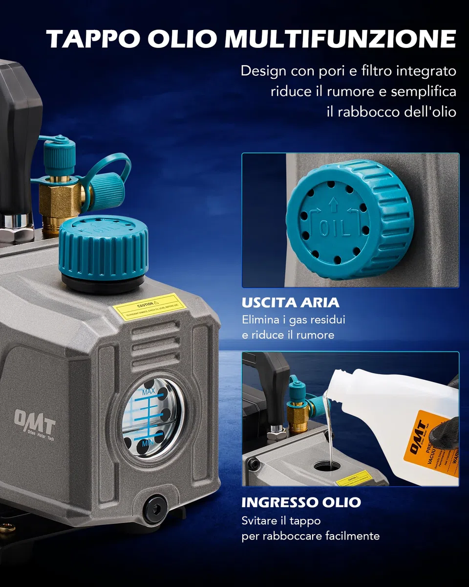 Orion Motor Tech Pompa Vuoto da 3,5 CFM e 1/4 hp, 186W Pompa per Vuoto Monostadio HVAC per R12 R22 R134a R410a R1234yf Pompa a Vuoto per Condizionatori per Auto Degasaggio Resine e Altro, Olio Incluso