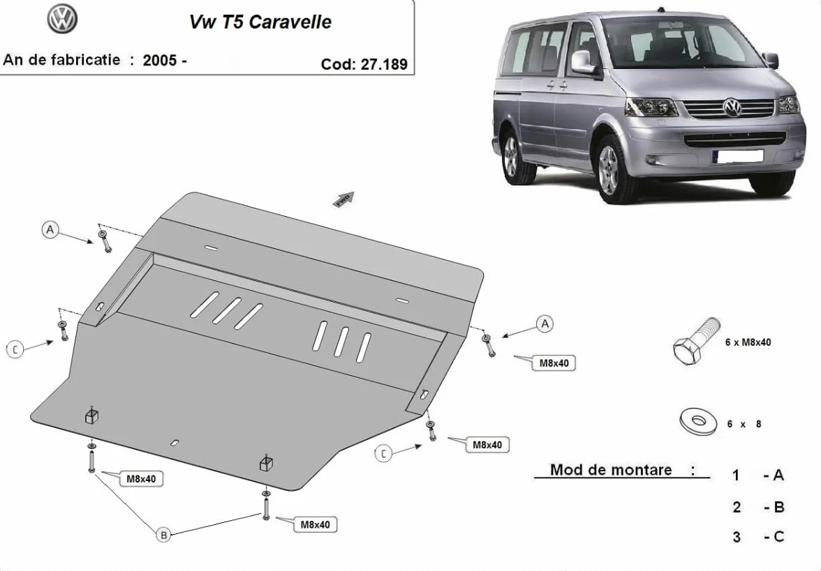 Protezione motore in metallo compatibile con Volkswagen Caravelle T5, T6.