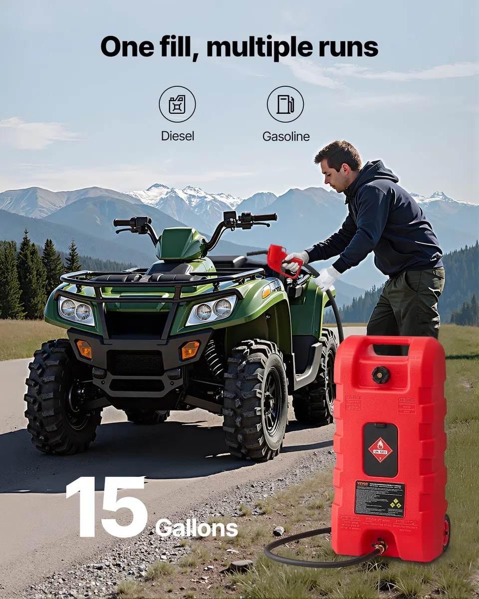 VEVOR Serbatoio di Carburante Portatile 56,78 L Modalità Pompa a Gravità e Manuale, Contenitore per Serbatoio di Carburante con Ruote, Tubo di Mandata 3,04 m e Pompa Manuale, per Motoscafi, Benzina