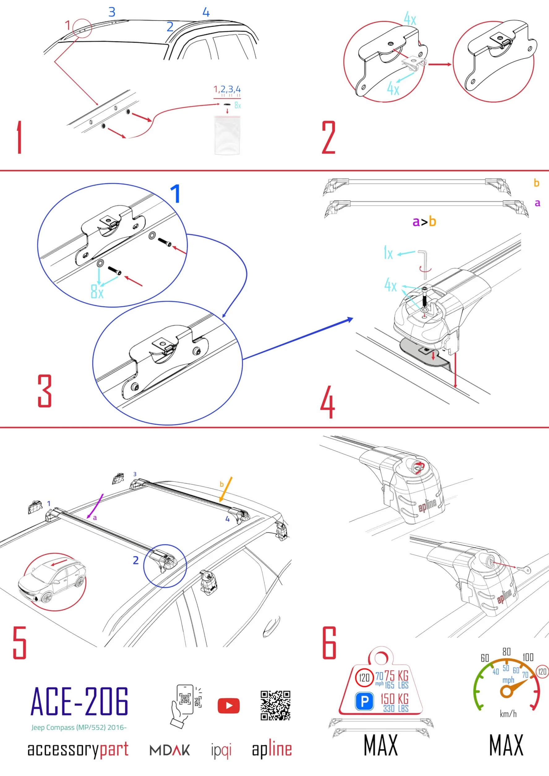 Compatibile con Jeep Compass (MP552) 2017-2025 Modello ACE-2 Barre Tetto Portapacchi Auto Barre Portatutto Nero Alluminio 2 Barre