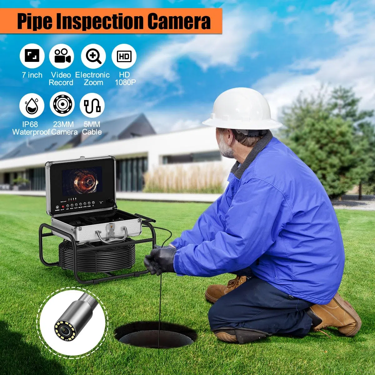 Telecamera di Ispezione tubi 30M, Telecamera per Fognatura Impermeabile IP68 con DVR, 7'' Schermo Professionale Telecamera Endoscopio 16GB