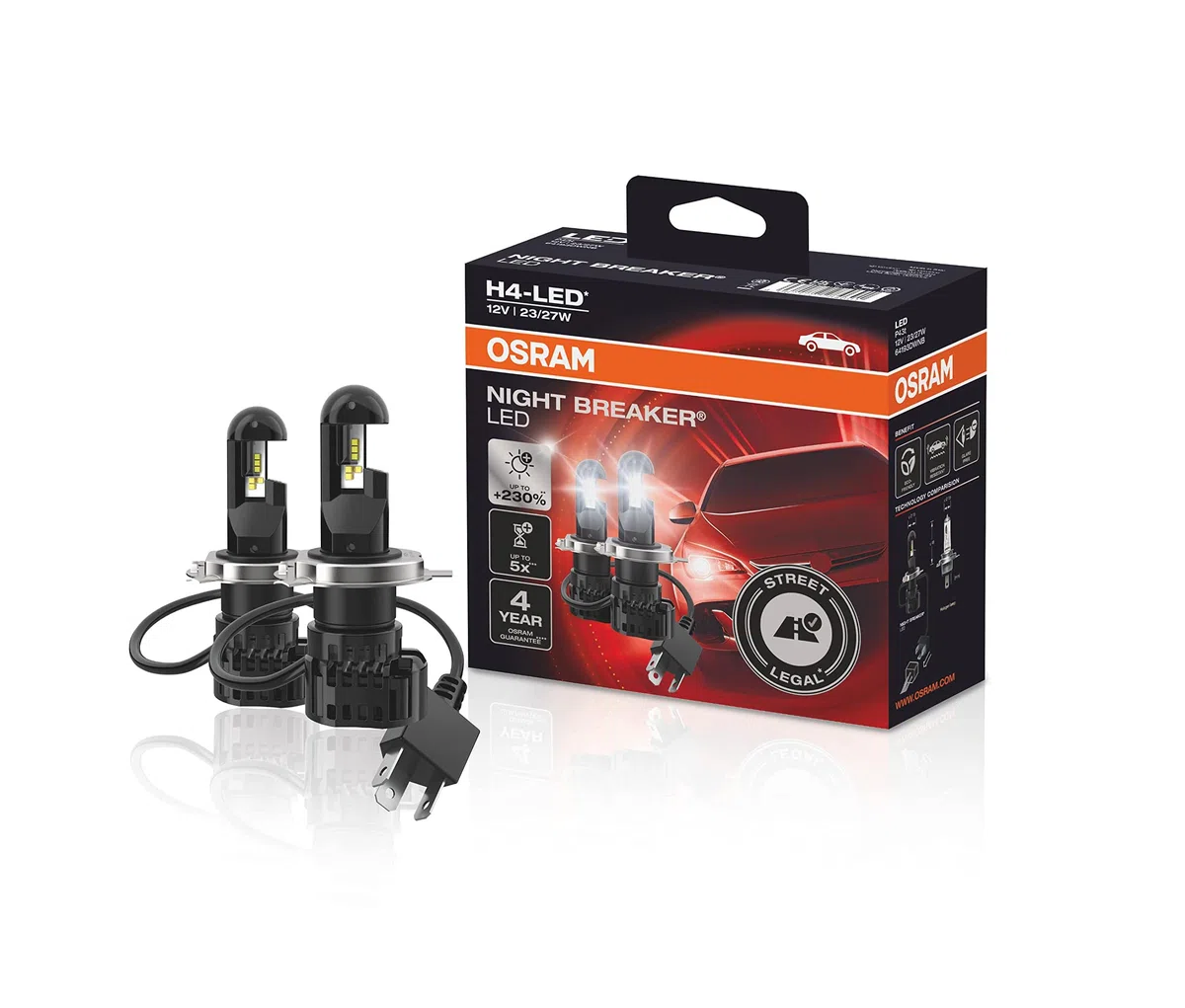 OSRAM NIGHT BREAKER H4-LED fino al 230% di luminosità in più, prima luce anabbagliante e abbagliante omologata per uso stradale