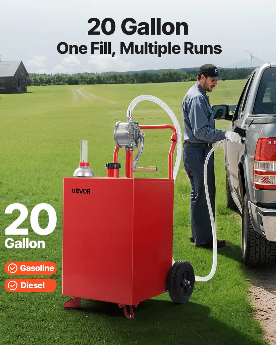 VEVOR Serbatoio Carburante, con Pompa di Trasferimento Manuale, Serbatoio Stoccaggio Portatile con 2 Ruote Tubo Flessibile, Contenitore per Benzina e Gasolio per Auto, Tosaerba Rosso 90,9 L