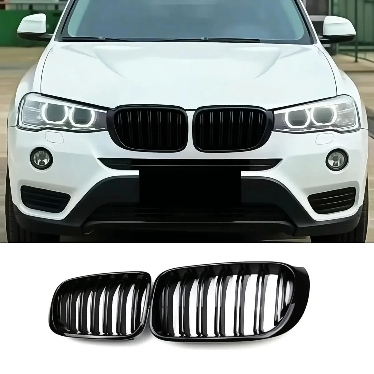 F25 F26 Griglia Anteriore per BMW X Serie X3 X4 F25 F26 2014 2015 2016 2017 2018 Griglia a Doppia Lamella in ABS Nero Lucido Griglie radiatore (For X3 X4 F25 F26 2014-2018)