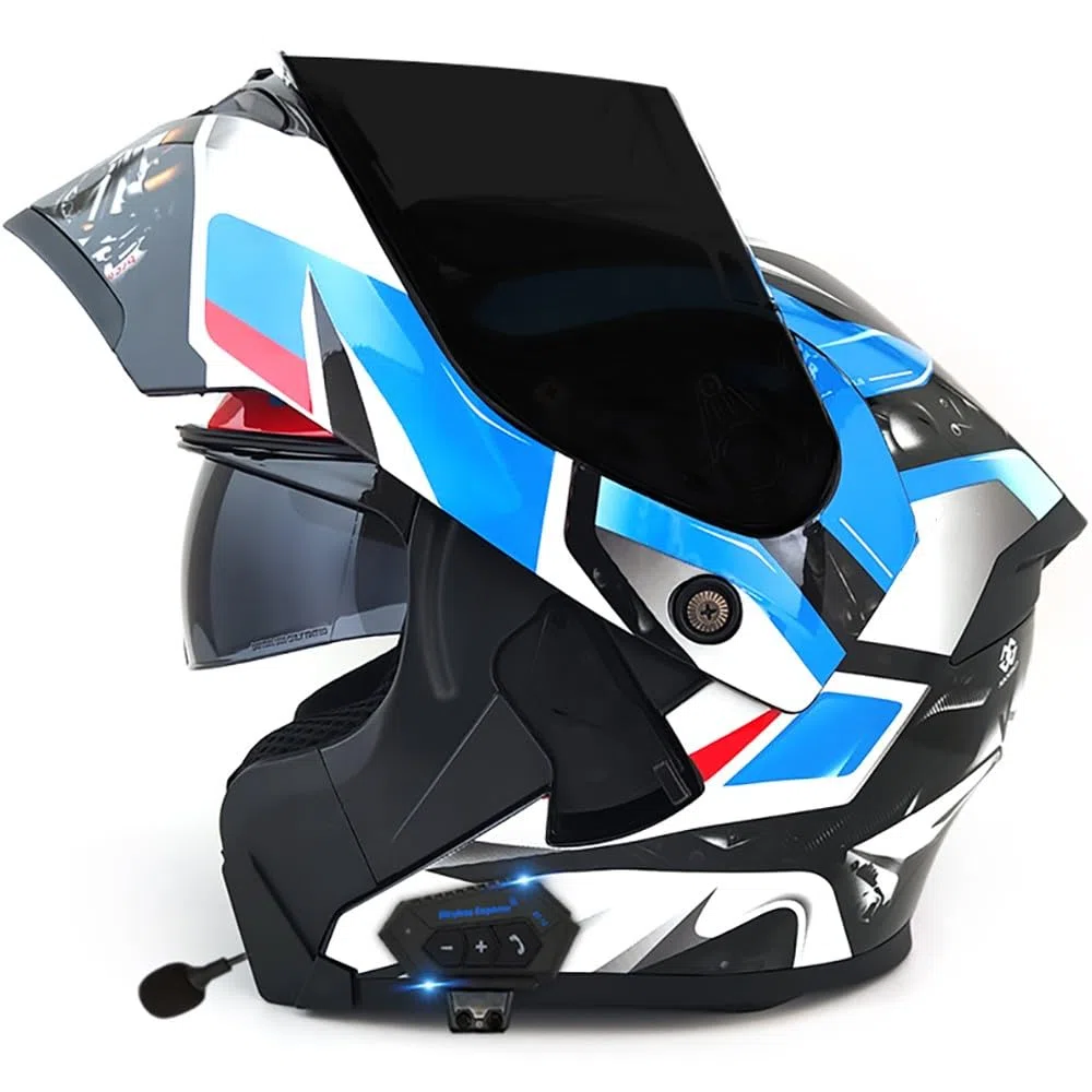 Casco Modulare Bluetooth Moto Integrat con Doppio Visiera Parasole Integrale, Casco Certificato ECE, Sistema di Comunicazione Interfono Integrato Radio FM Mp3 Integrato 3XL 55~66cm