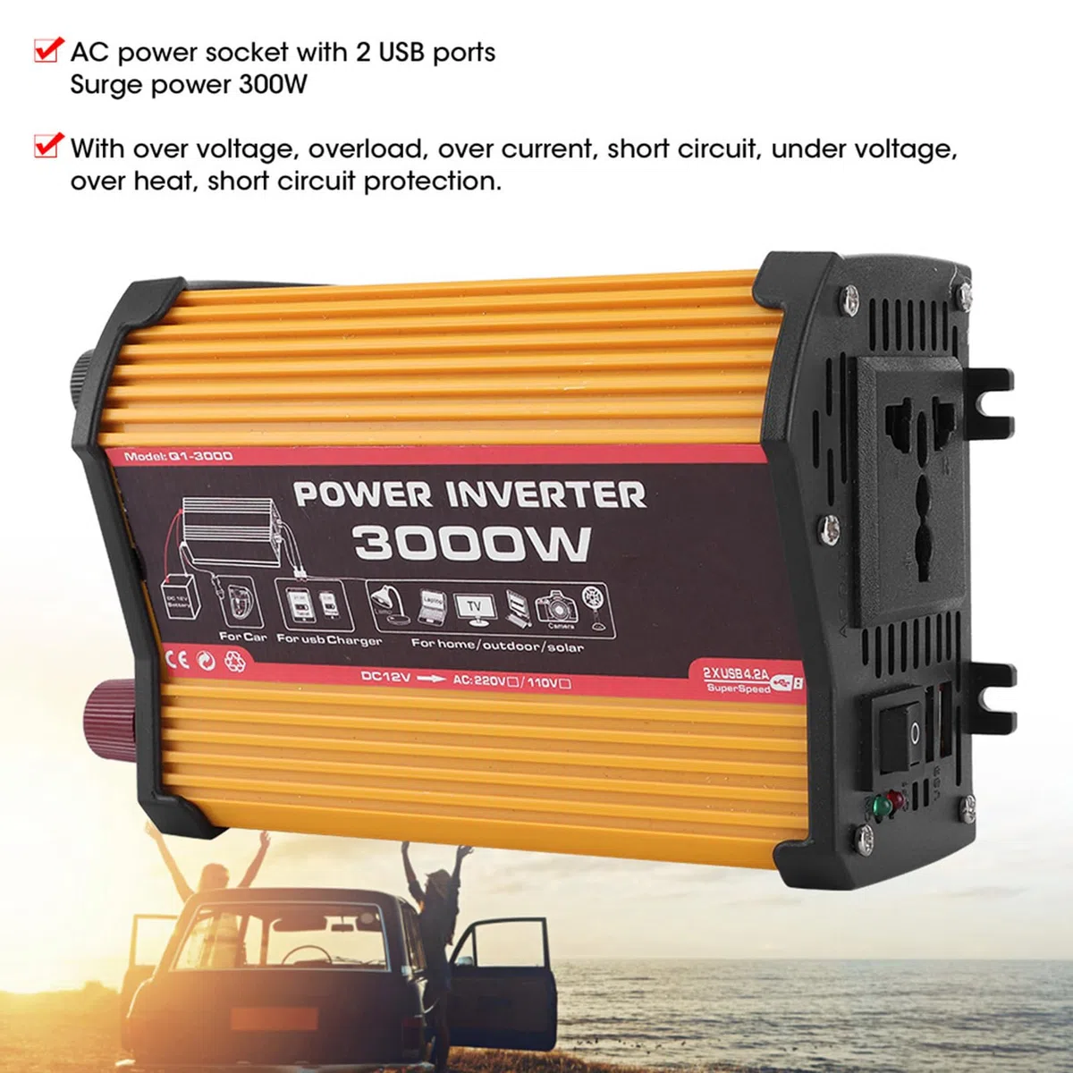 Inverter di da 3000W, convertitore CA automatico a onda sinusoidale modificata, convertitore adattatore per auto con doppia porta USB, ricarica rapida (da 12V a 110V)