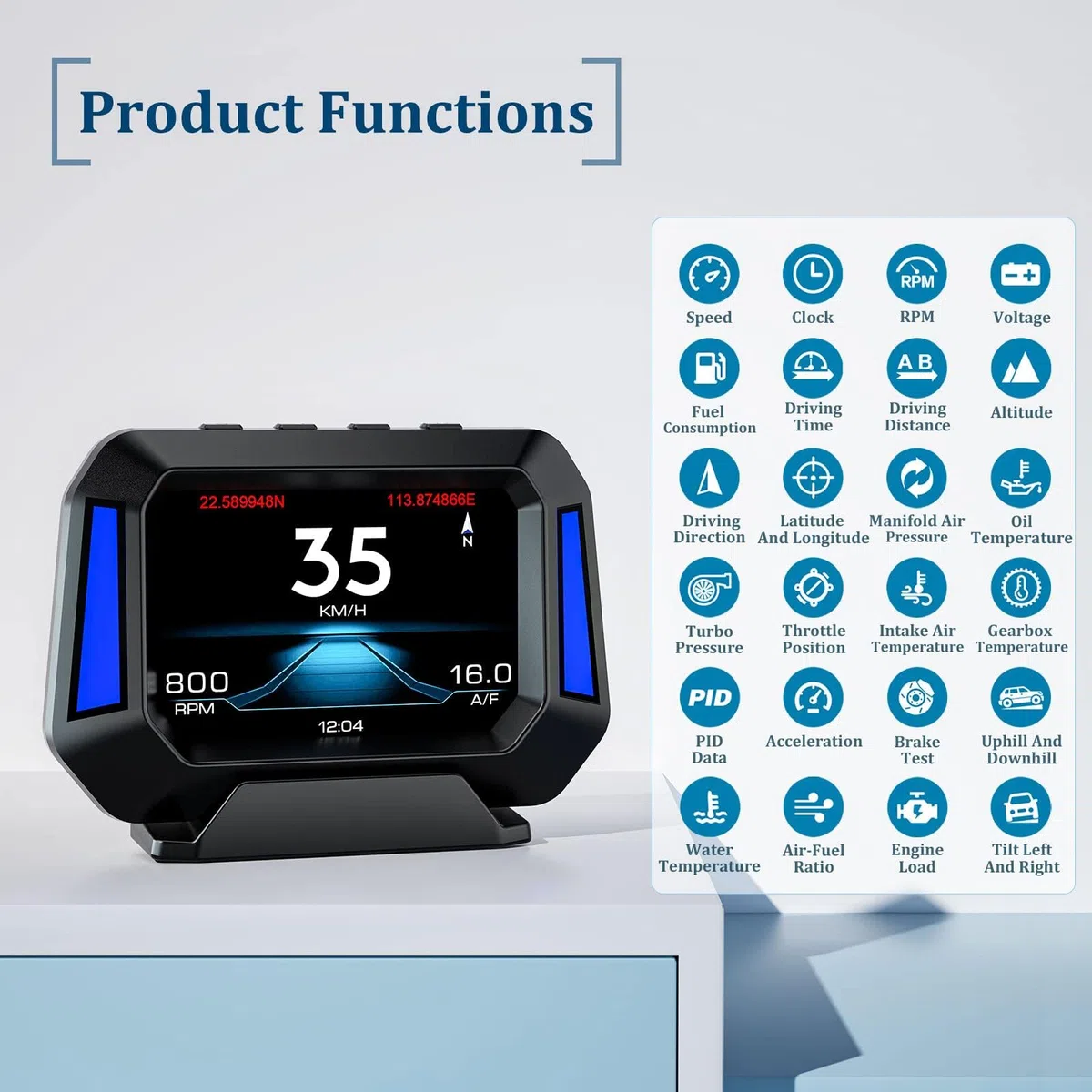 Display head-up per auto, tachimetro, misuratore di pendenza, monitoraggio dell'angolo di guida dell'auto, adatto per tutte le auto