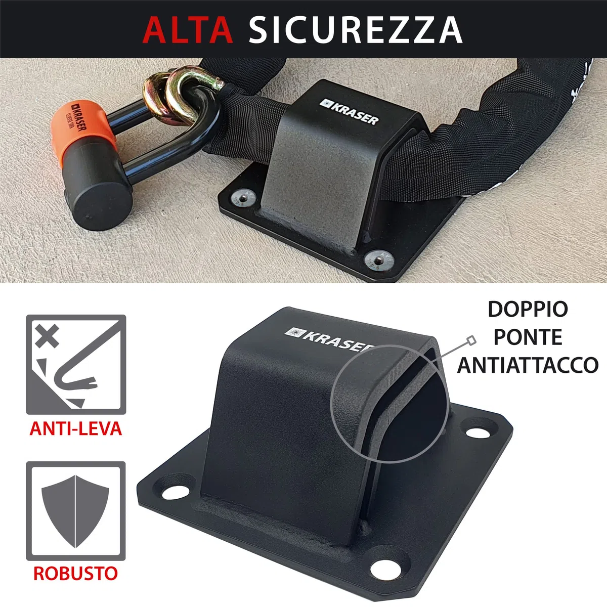 KRASER KR52B Antifurto a Pavimento o Muro in Acciaio ad Alta Resistenza Arco, Antiattacco + Base e 4 Punti di Ancoraggio, Vernice a Doppio Strato, Sicurezza Moto, Bici, Rimorchio