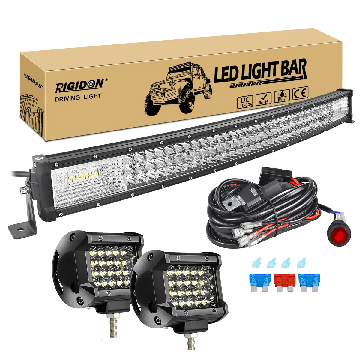 RIGIDON 32 Pollici 80cm 405W Curva Barra Led Fuoristrada Con 12V Cablaggio Kit, 2x 4 Pollici 60W Luci di Lavoro Per Auto Camion SUV ATV 4x4 Veicoli, Impermeabile 6000K Alluminio Barra Luce Led