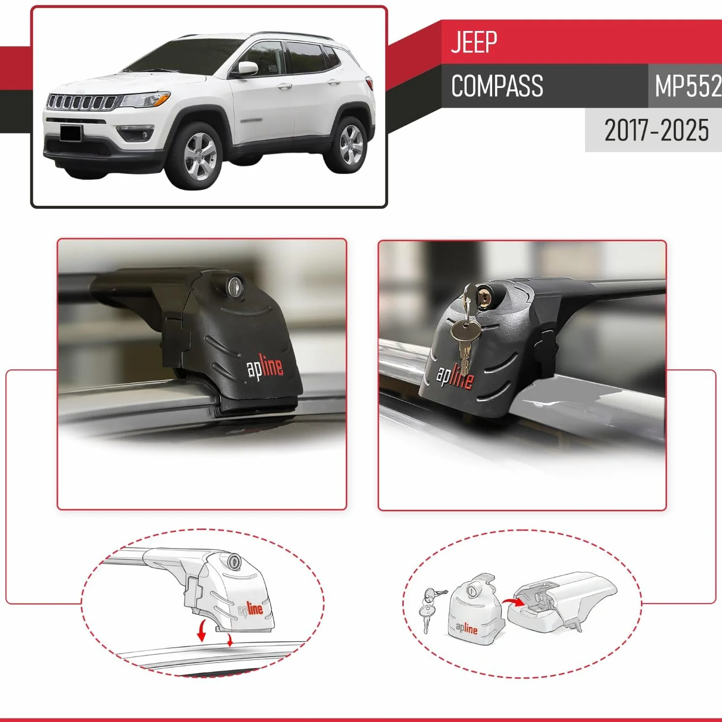 Compatibile con Jeep Compass (MP552) 2017-2025 Modello ACE-2 Barre Tetto Portapacchi Auto Barre Portatutto Nero Alluminio 2 Barre
