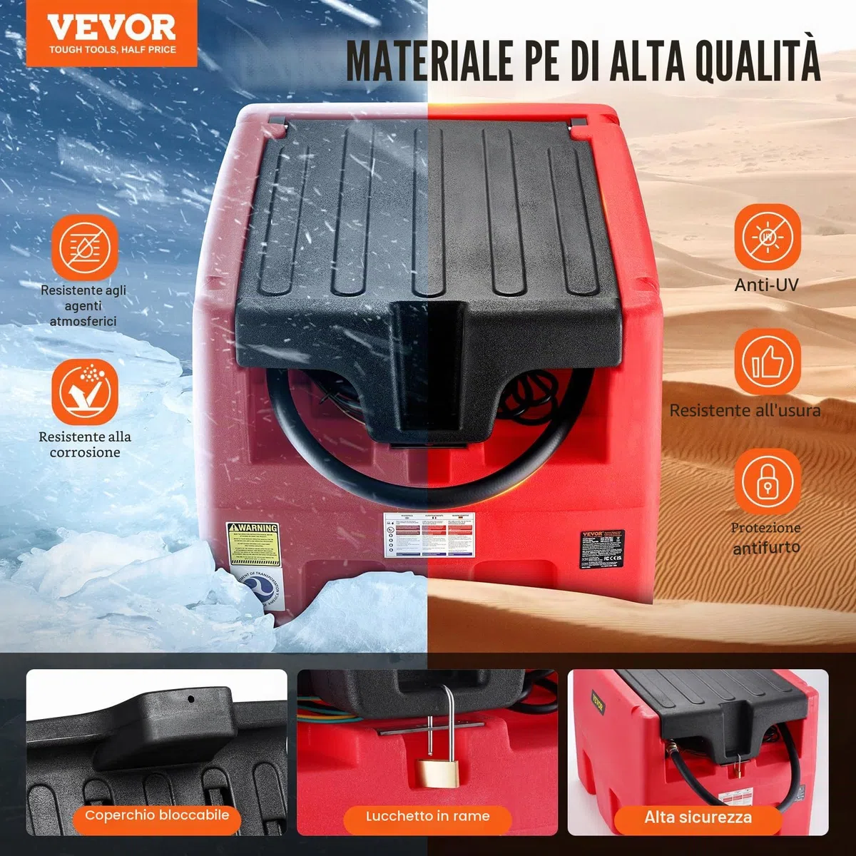VEVOR Serbatoio Benzina Diesel Portatile 182L, Serbatoio Rifornimento Carburante, Pompa di Trasferimento 12V, 40 L/Min, Tubo Flessibile 4 m, Pistola per Rifornimento per Veicoli Settore Agricolo