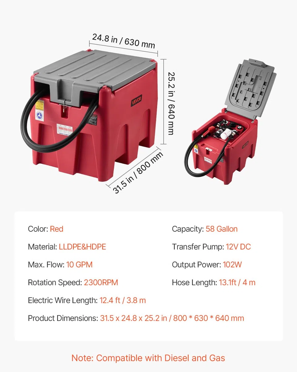 VEVOR Serbatoio Portatile per Benzina 220 Litri Portata 10 GPM, Serbatoio per Carburante Diesel con Pompa di Trasferimento Elettrica 102W, Tubo Flessibile, Trasporto del Carburante, Rosso