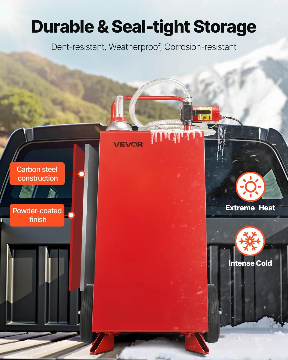 VEVOR Serbatoio Carburante, per Benzina e Gasolio con Pompa Elettrica, Serbatoio Stoccaggio Portatile con 2 Ruote Tubo Flessibile, Contenitore Benzina 136 L, Flusso Massimo 32L Ogni Minuto