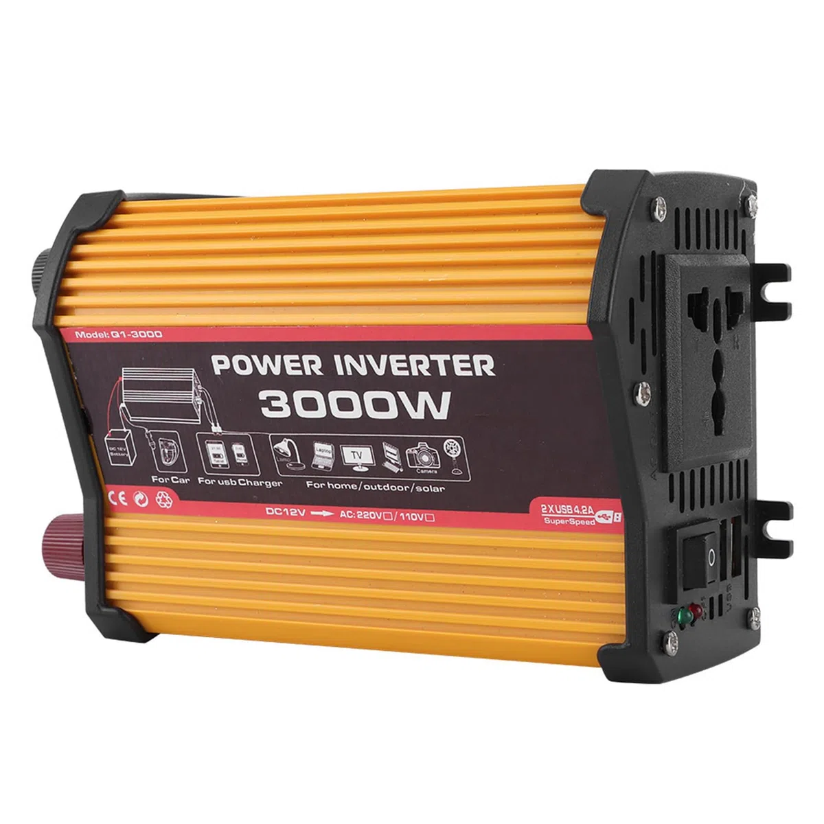 Inverter di da 3000W, convertitore CA automatico a onda sinusoidale modificata, convertitore adattatore per auto con doppia porta USB, ricarica rapida (da 12V a 110V)