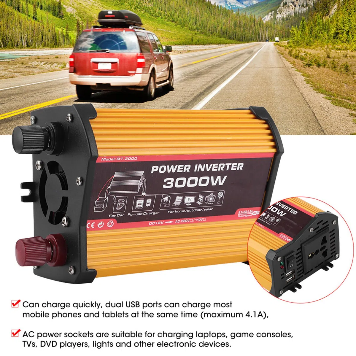 Inverter di da 3000W, convertitore CA automatico a onda sinusoidale modificata, convertitore adattatore per auto con doppia porta USB, ricarica rapida (da 12V a 110V)