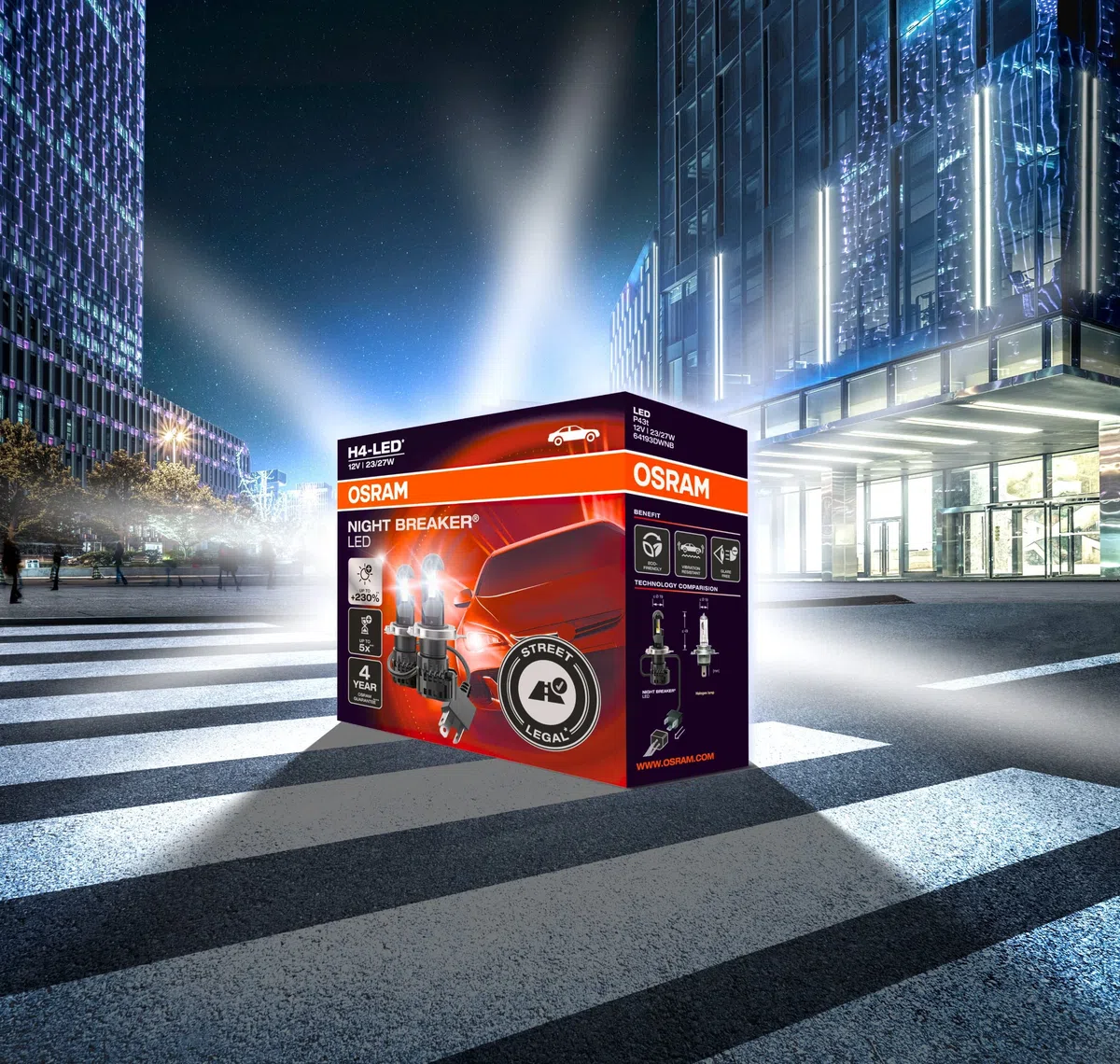 OSRAM NIGHT BREAKER H4-LED fino al 230% di luminosità in più, prima luce anabbagliante e abbagliante omologata per uso stradale