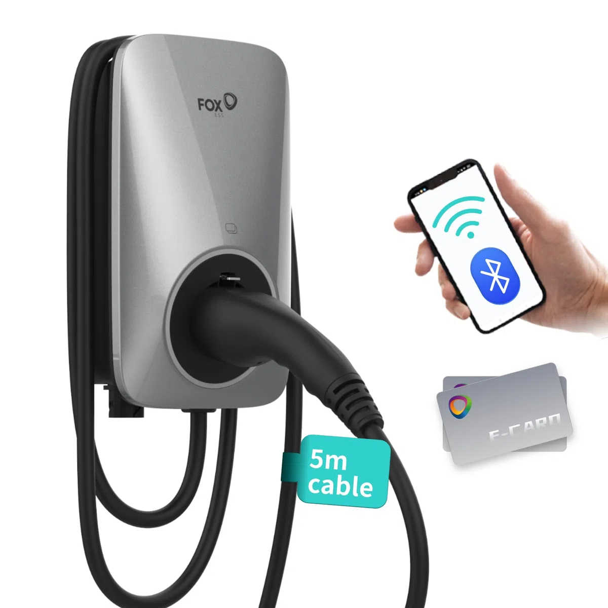 FOXESS Wallbox Tipo 2 7.3kW 32A con controllo Smart App, compatibile con WiFi e Bluetooth, adatta per tutti i veicoli elettrici, argento