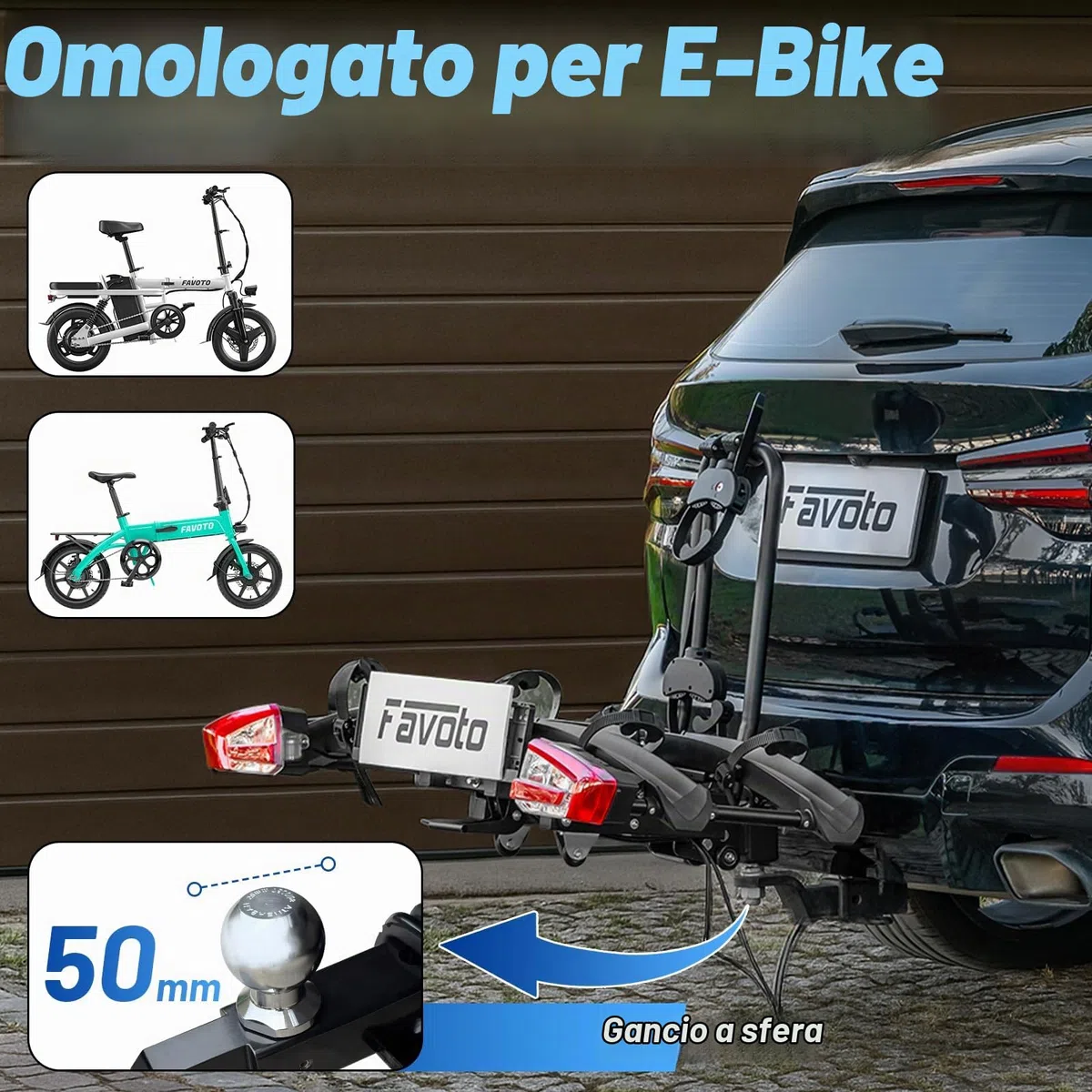 Favoto Portabici per E-Bike con Rampa Pieghevole – Gancio Traino in Alluminio per 2 Bici fino a 60kg con Fanali Posteriori Serratura Antifurto e Porta Targa Compatibile con Pneumatici fino a 26x4.0"
