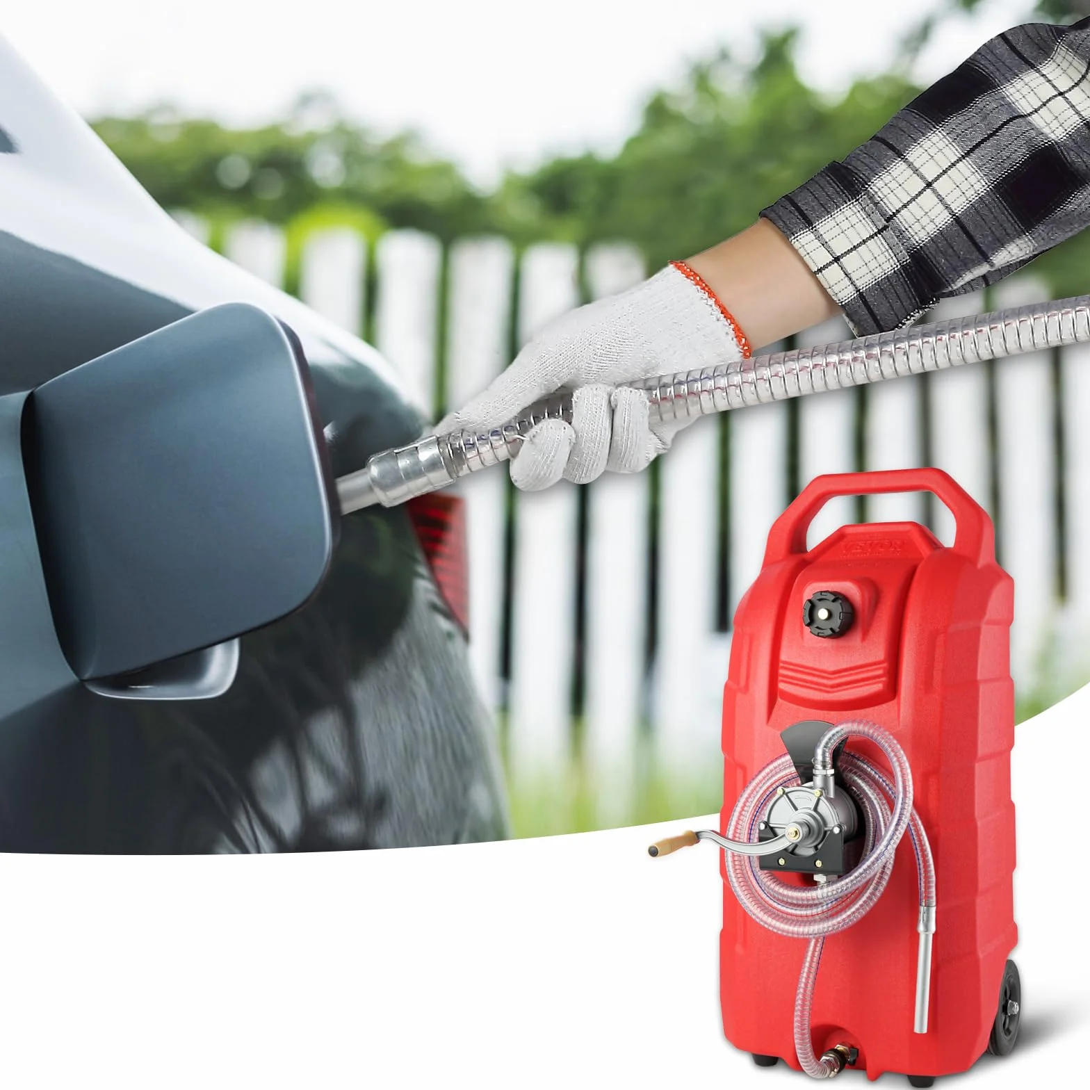 VEVOR Contenitore per Carburante 16 Galloni, 7,8 L/min, Contenitore per Serbatoio Portatile con Ruote in Gomma per Pompa Manuale Trasferimento Carburante per Benzina Diesel Auto Barca Tosaerba